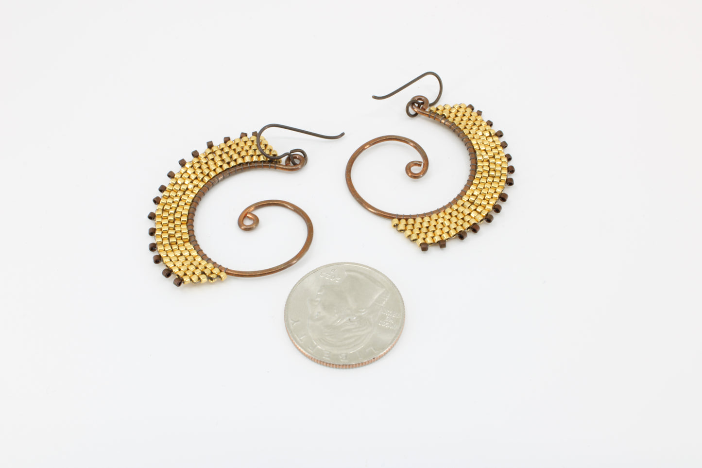 Large Beaded Fan Earrings in Copper