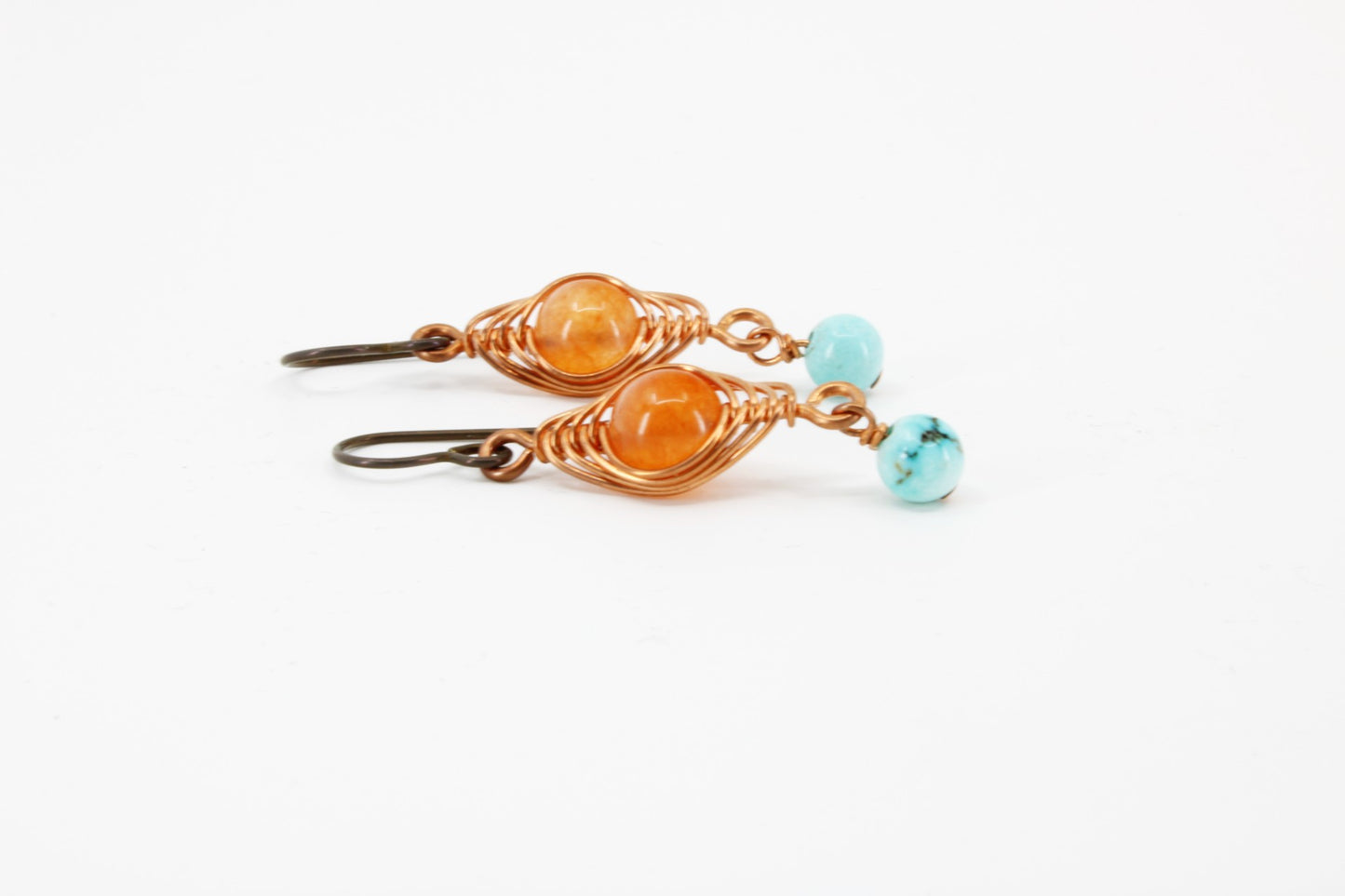 Orange Jade, Turquoise and Copper Herringbone Earrings