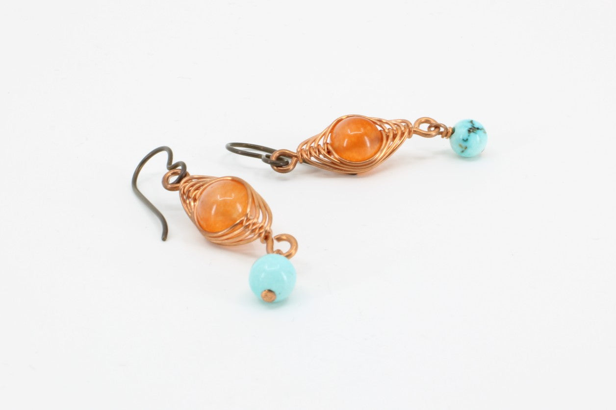 Orange Jade, Turquoise and Copper Herringbone Earrings