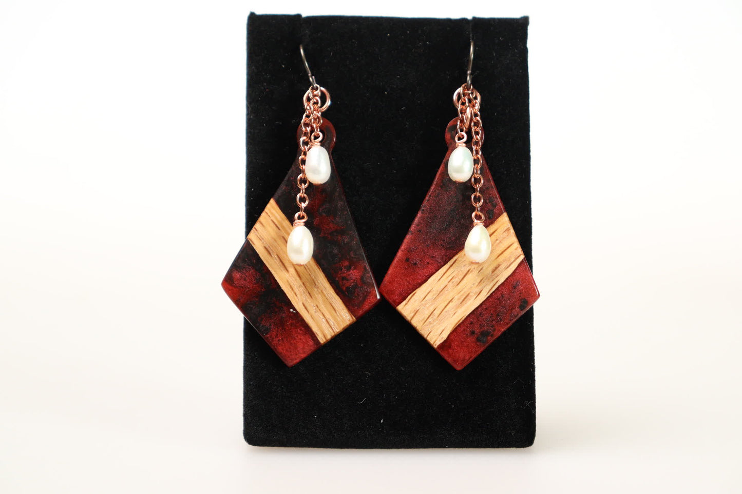 Oak and Resin Copper Earrings with Freshwater Pearls