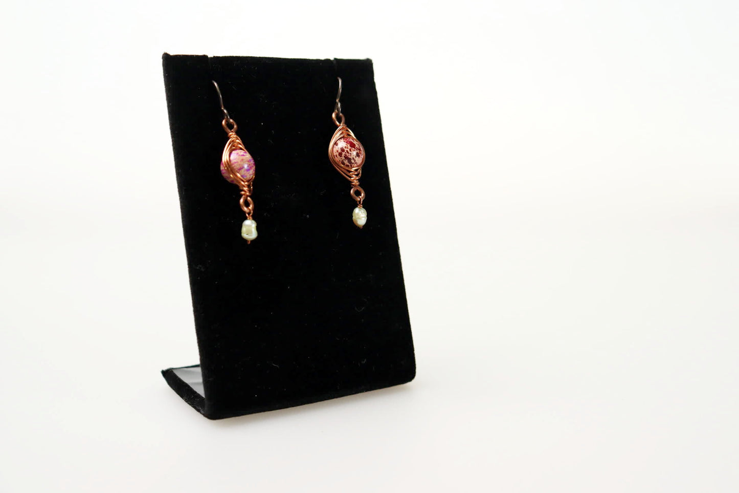 Imperial Jasper and Green Rice Pearls Copper Herringbone Earrings