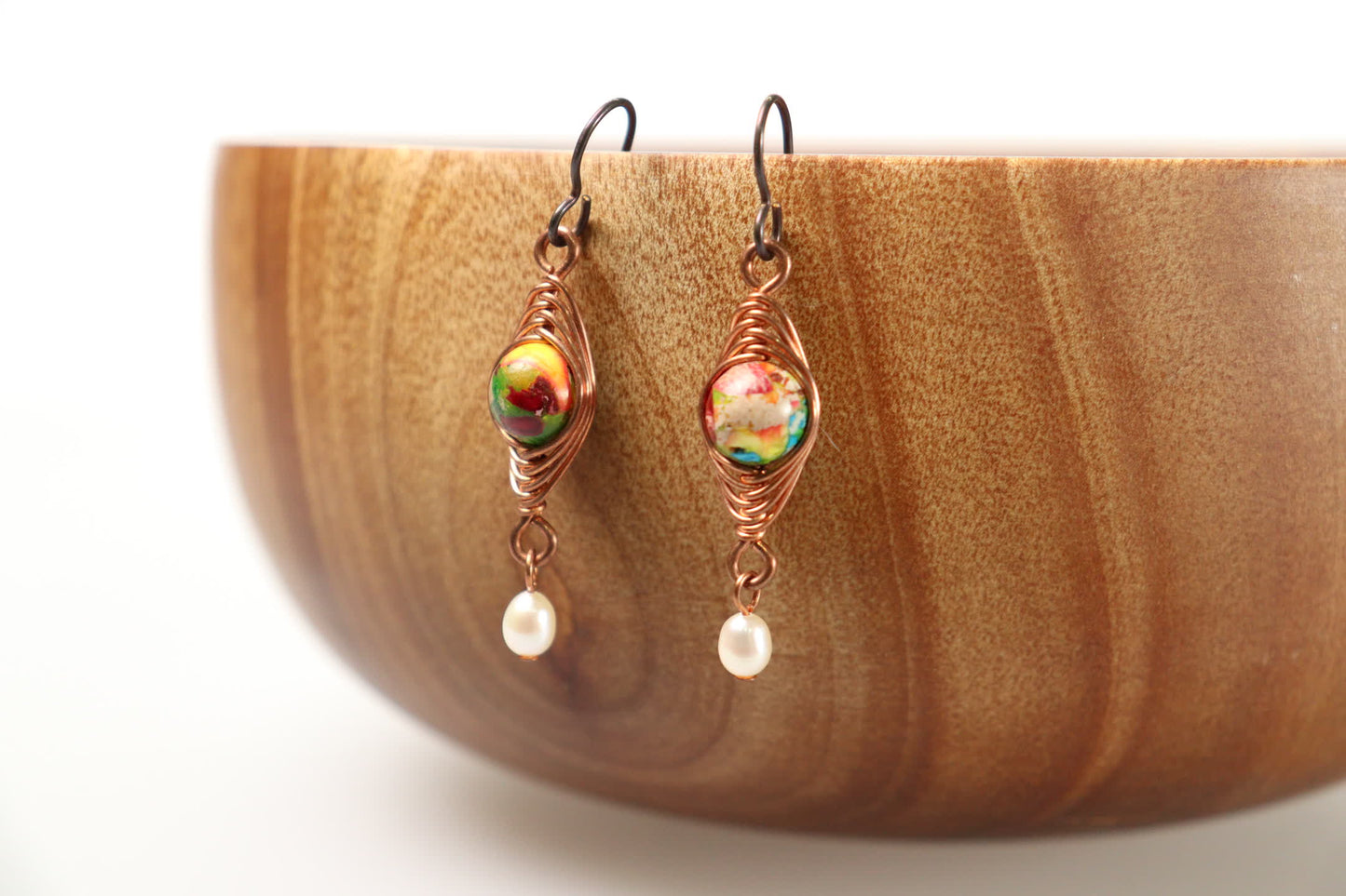 Rainbow Jasper and Freshwater Pearl Copper Herringbone Earrings