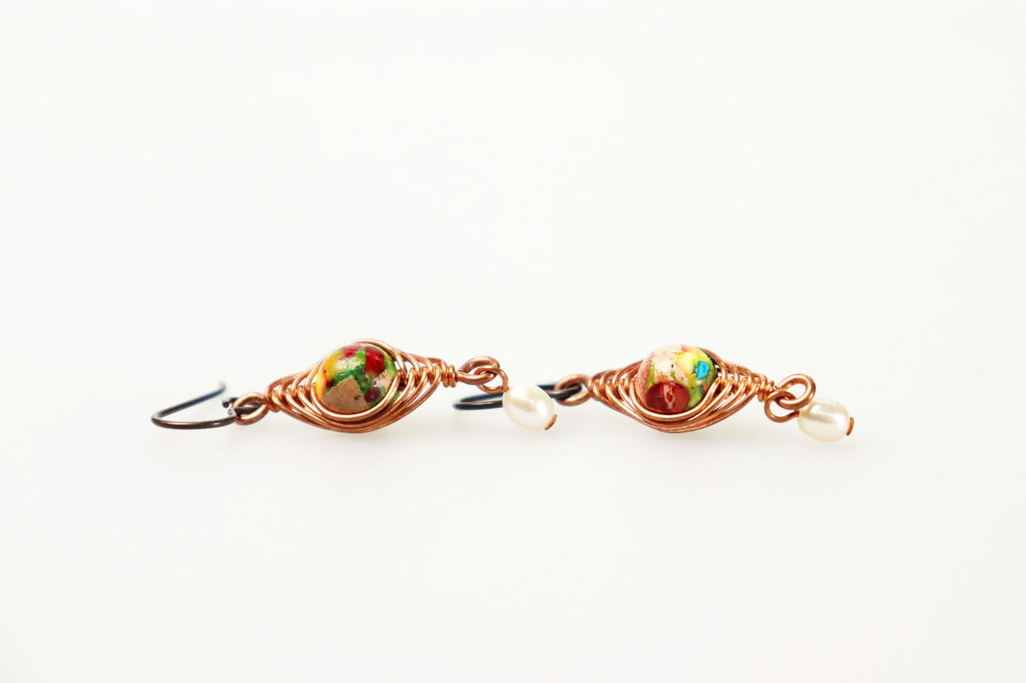 Rainbow Jasper and Freshwater Pearl Copper Herringbone Earrings