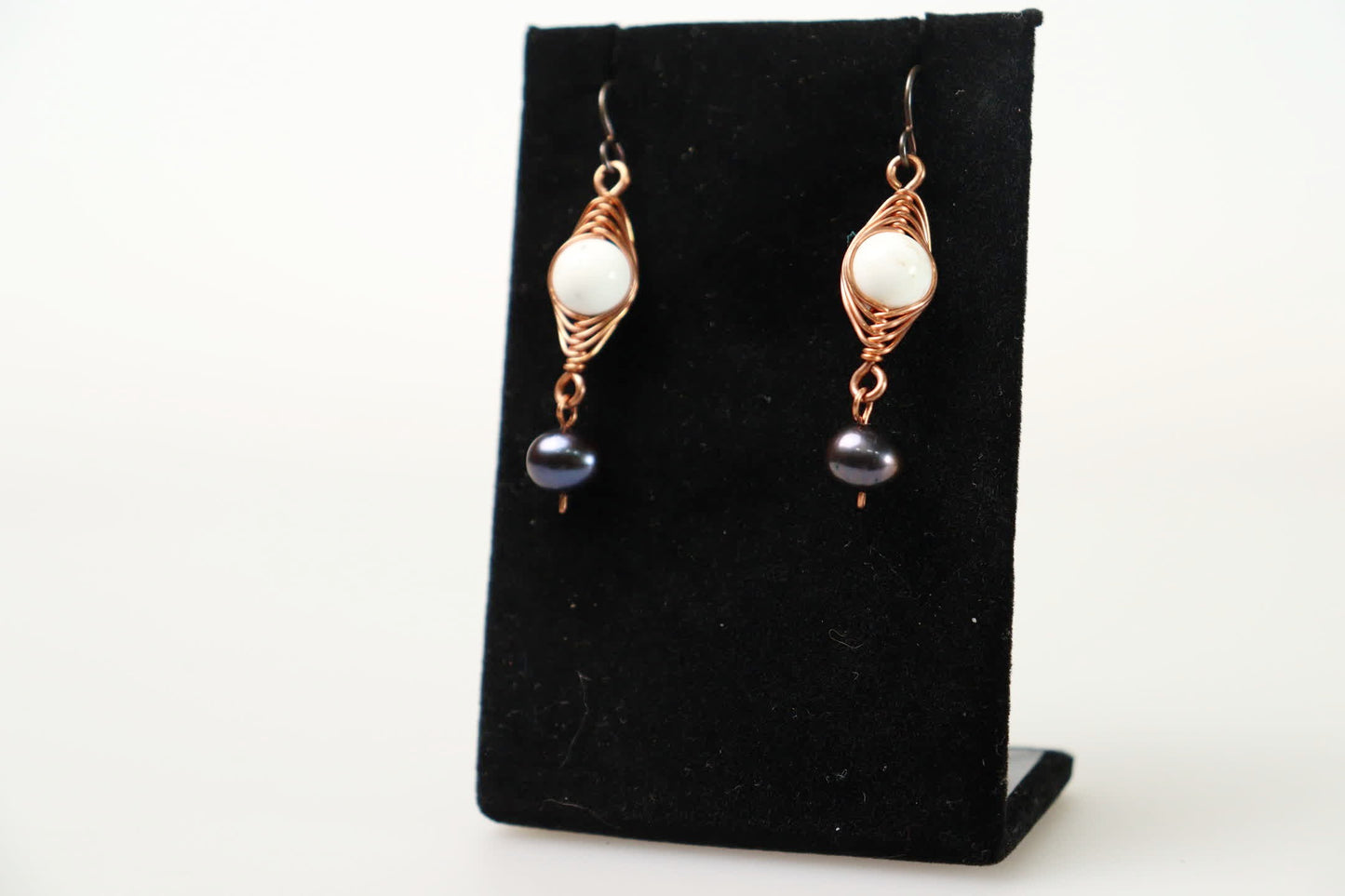 Blue Freshwater Pearls and White Turquoise Copper Herringbone Earrings