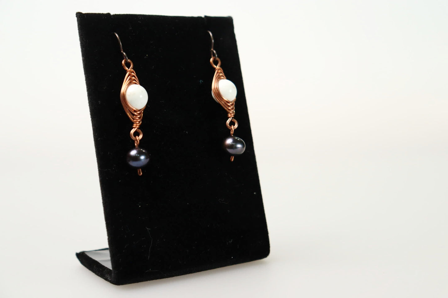 Blue Freshwater Pearls and White Turquoise Copper Herringbone Earrings