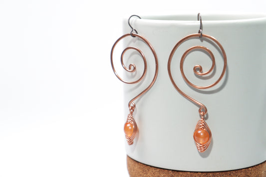 Copper Herringbone Drop Earrings with Orange Jade