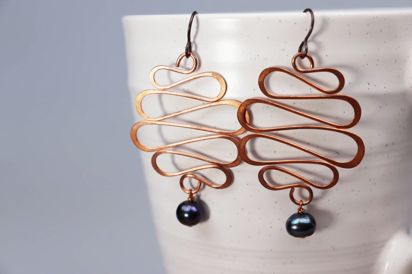 Large Wave Copper and Freshwater Pearl Earrings