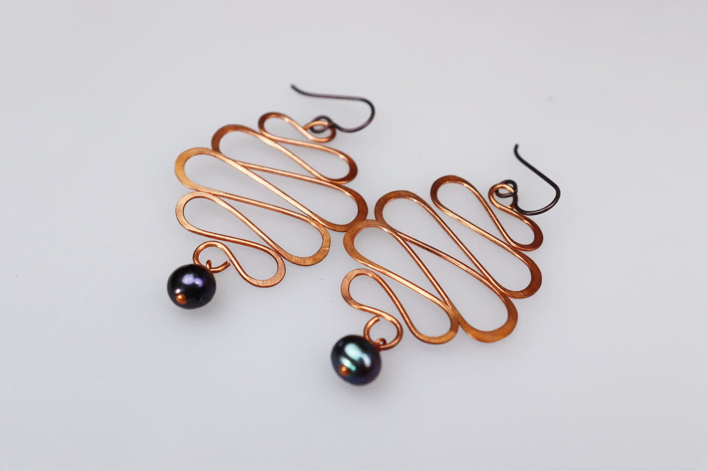 Large Wave Copper and Freshwater Pearl Earrings