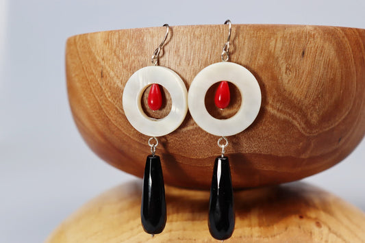 Mother of Pearl Donut, Onyx, Red Coral and Sterling Silver Earrings