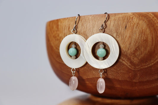 Mother of Pearl Donut, Rose Quartz, Green Chalcedony and Sterling Silver Earrings
