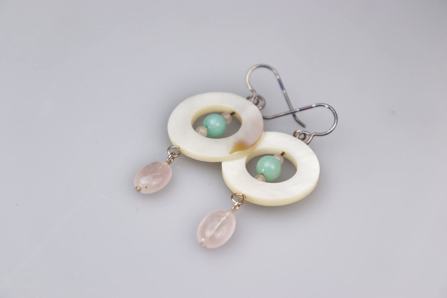 Mother of Pearl Donut, Rose Quartz, Green Chalcedony and Sterling Silver Earrings