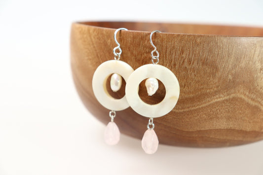 Mother of Pearl Donut, Freshwater Pearl, Rose Quartz and Sterling Silver Earrings