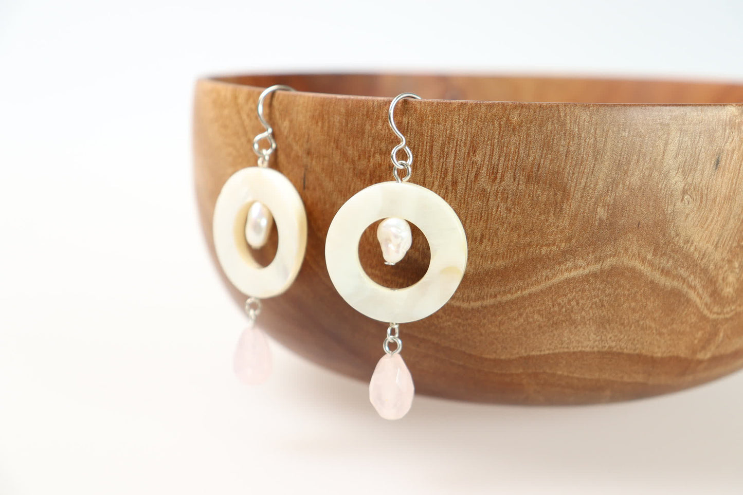 Mother of Pearl Donut, Freshwater Pearl, Rose Quartz and Sterling Silver Earrings