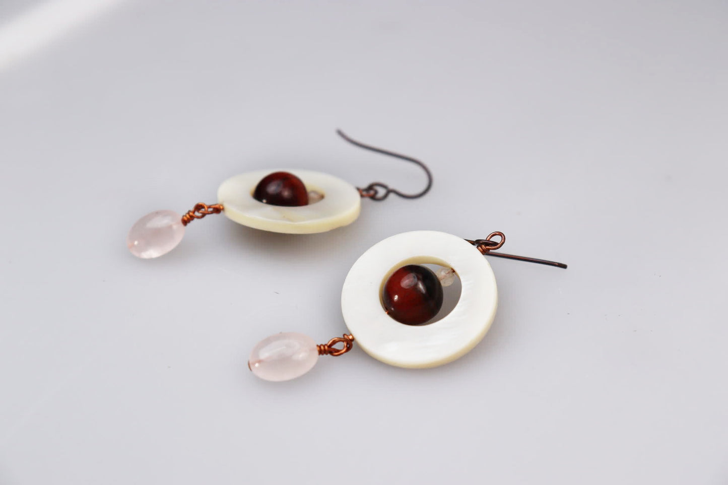 Mother of Pearl Donut, Tiger's Eye, Rose Quartz and Sterling Silver Earrings