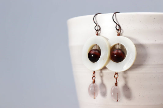 Mother of Pearl Donut, Tiger's Eye, Rose Quartz and Sterling Silver Earrings
