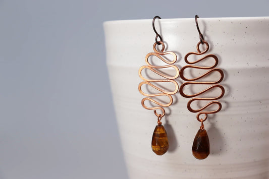 Medium Wave Copper and Tiger's Eye Earrings