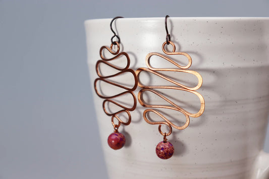 Large Wave Copper and Imperial Jasper Earrings