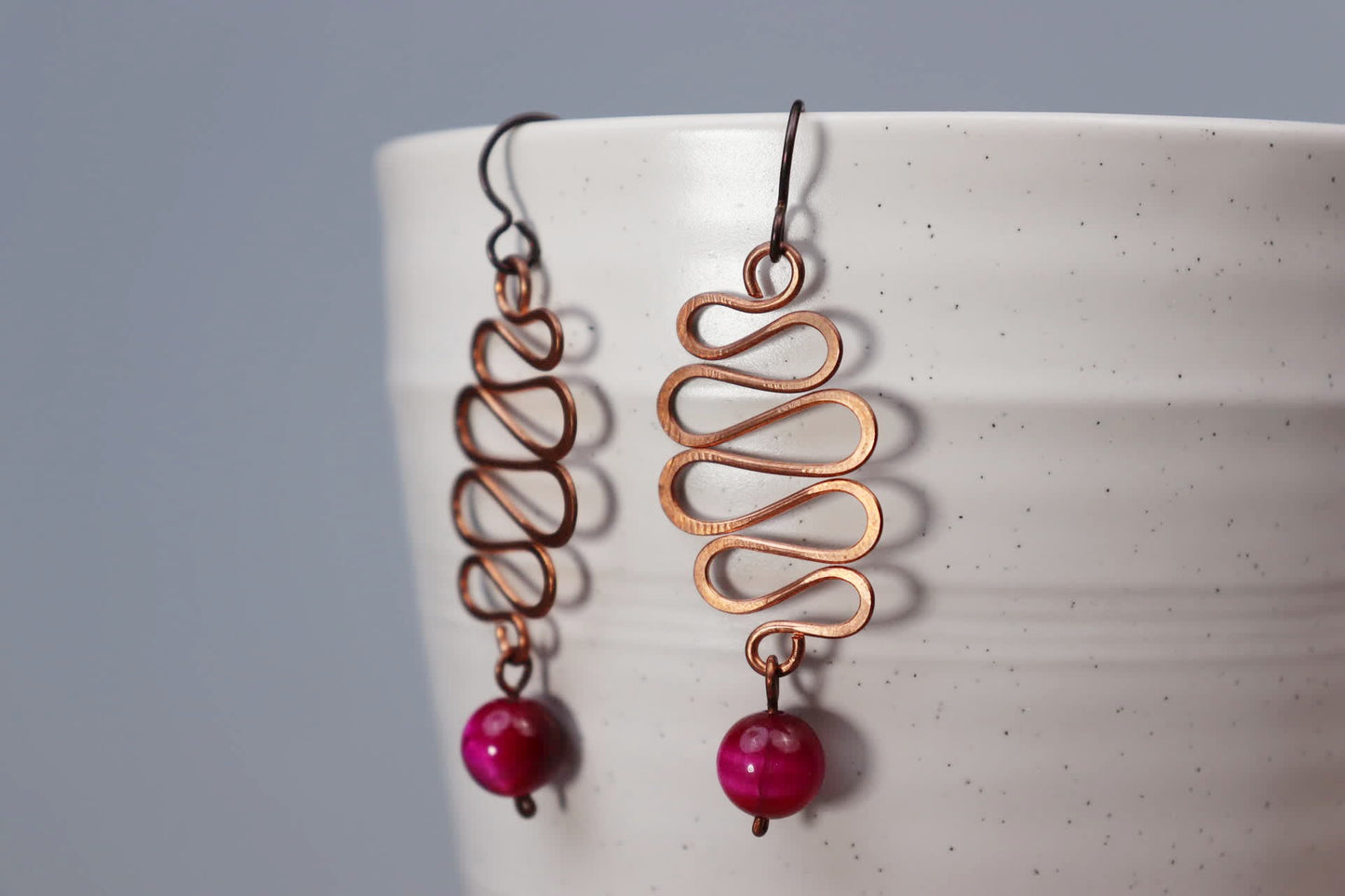 Medium Wave Copper and Pink Tiger's Eye Earrings