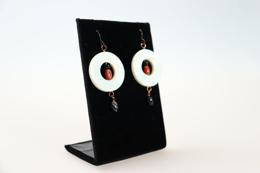 Mother of Pearl Donut, Onyx, and Botswana Agate Earrings