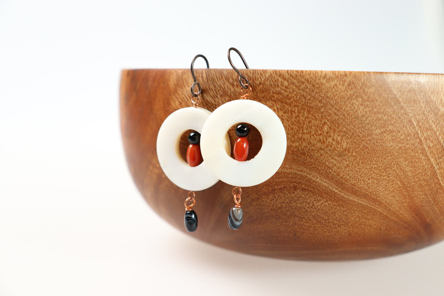 Mother of Pearl Donut, Onyx, and Botswana Agate Earrings