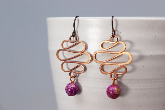 Small Wave Copper and Imperial Jasper Earrings