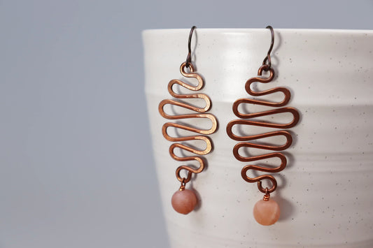Medium Wave Copper and Moonstone Earrings