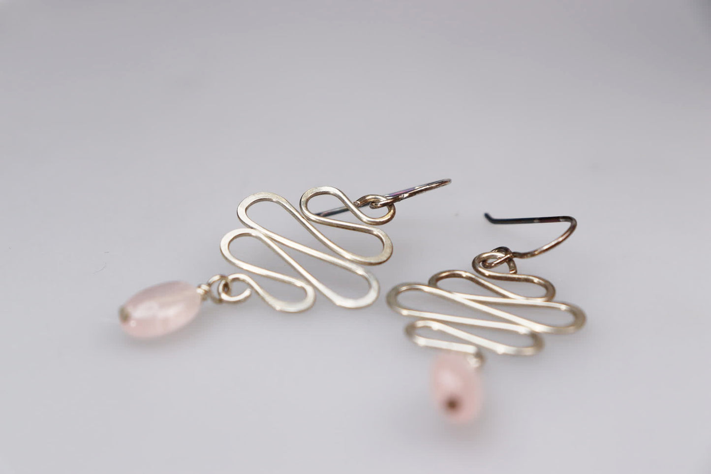 Small Wave Sterling Silver and Rose Quartz Earrings