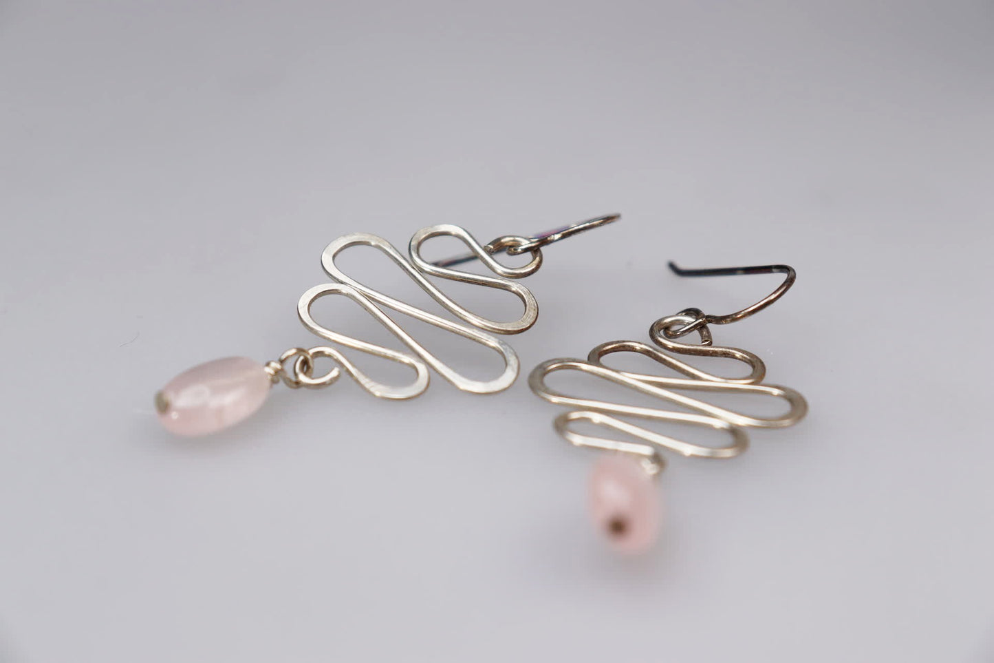Small Wave Sterling Silver and Rose Quartz Earrings