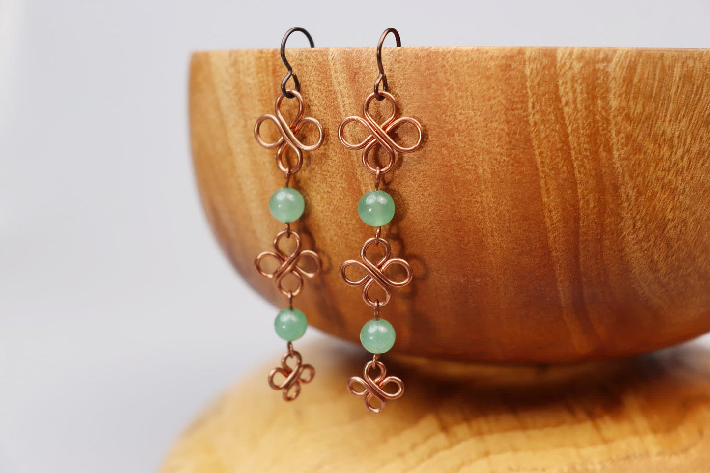 Three Tier Clover Drops in Copper and Jade Earrings