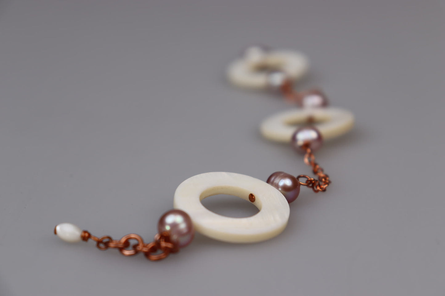 Mother of Pearl Donut, Freshwater Pearl, and Copper Chain Bracelet