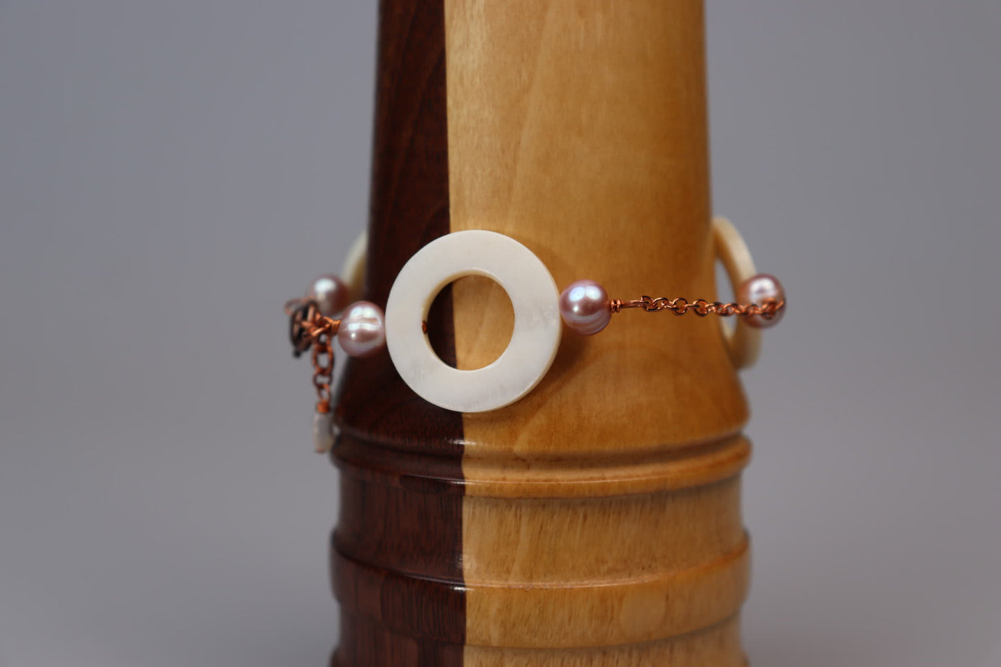 Mother of Pearl Donut, Freshwater Pearl, and Copper Chain Bracelet